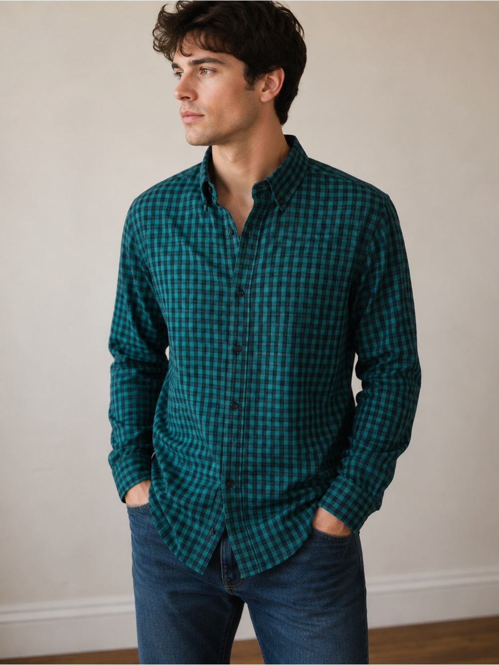 Van Heusen Mens Green Plaid Casual Button Down Dress Shirt size Small